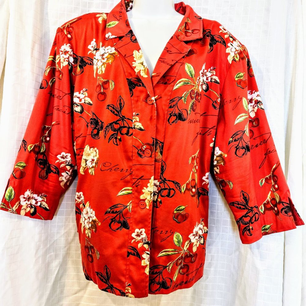 29. Nancy Bolen City Girl Red Beaded Cherry Blossom lined 3/4 sleeve plus sz 22W